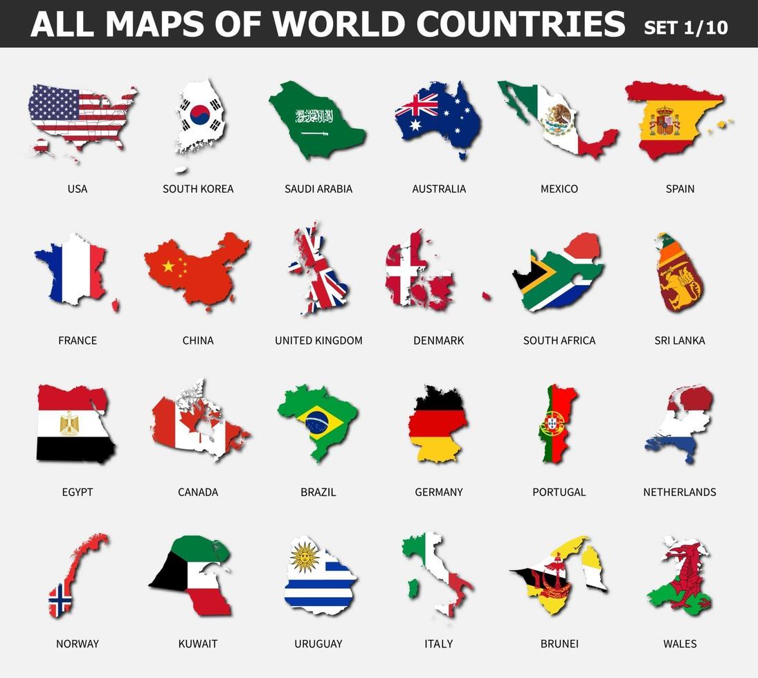 todos los mapas de países y banderas del mundo. conjunto 1 de 10. colección de forma de contorno del mapa internacional del país con sombra. diseño plano . vector. vector