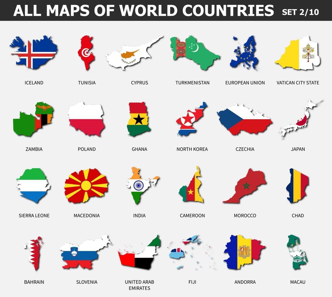 todos los mapas de países y banderas del mundo. conjunto 2 de 10. colección de forma de contorno del mapa internacional del país con sombra. diseño plano . vector. vector