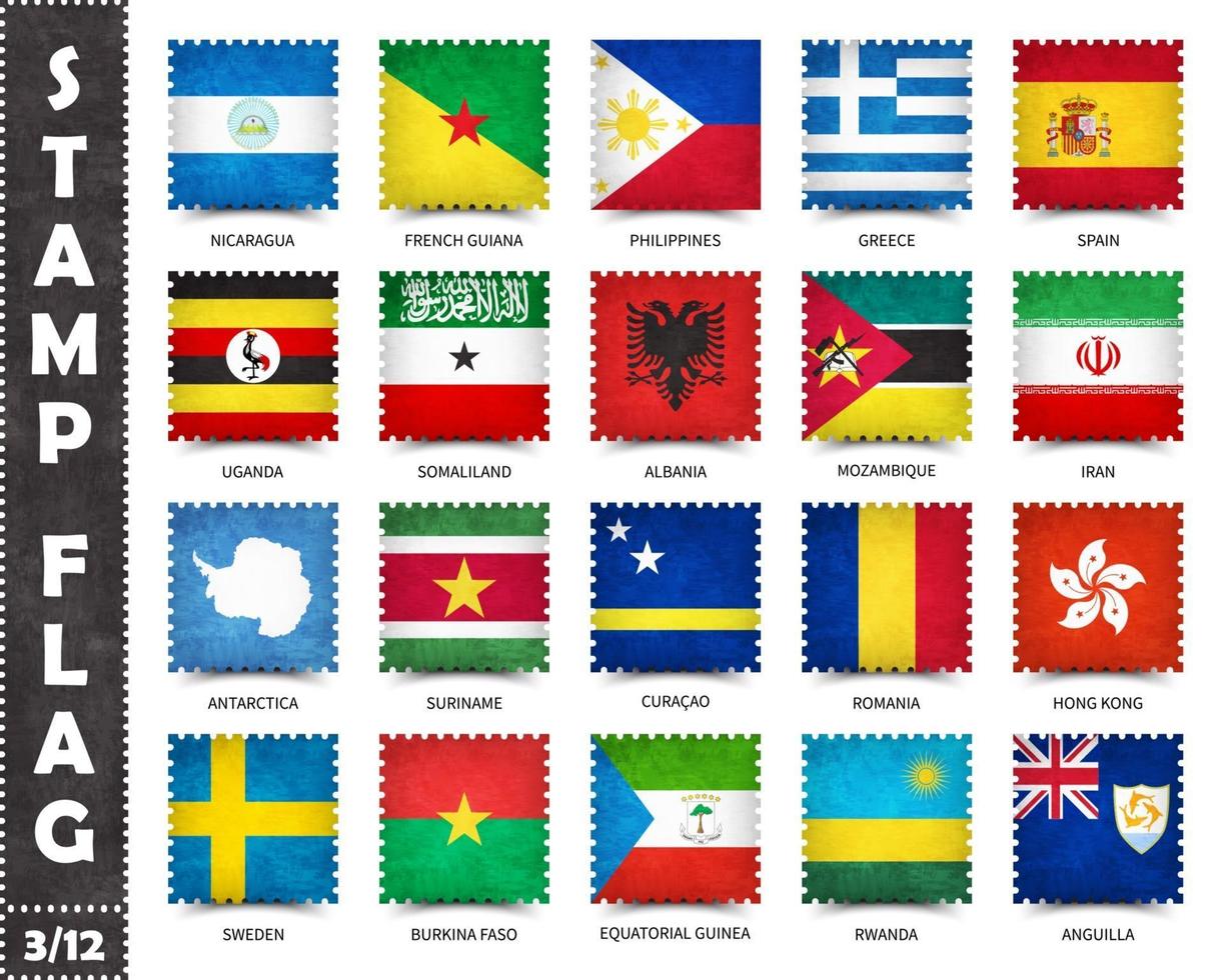 Stamp with official country flag pattern and old grunge texture and countries name . Square shape . Vector . Set 3 of 12 on this series . All national flags of the world  .