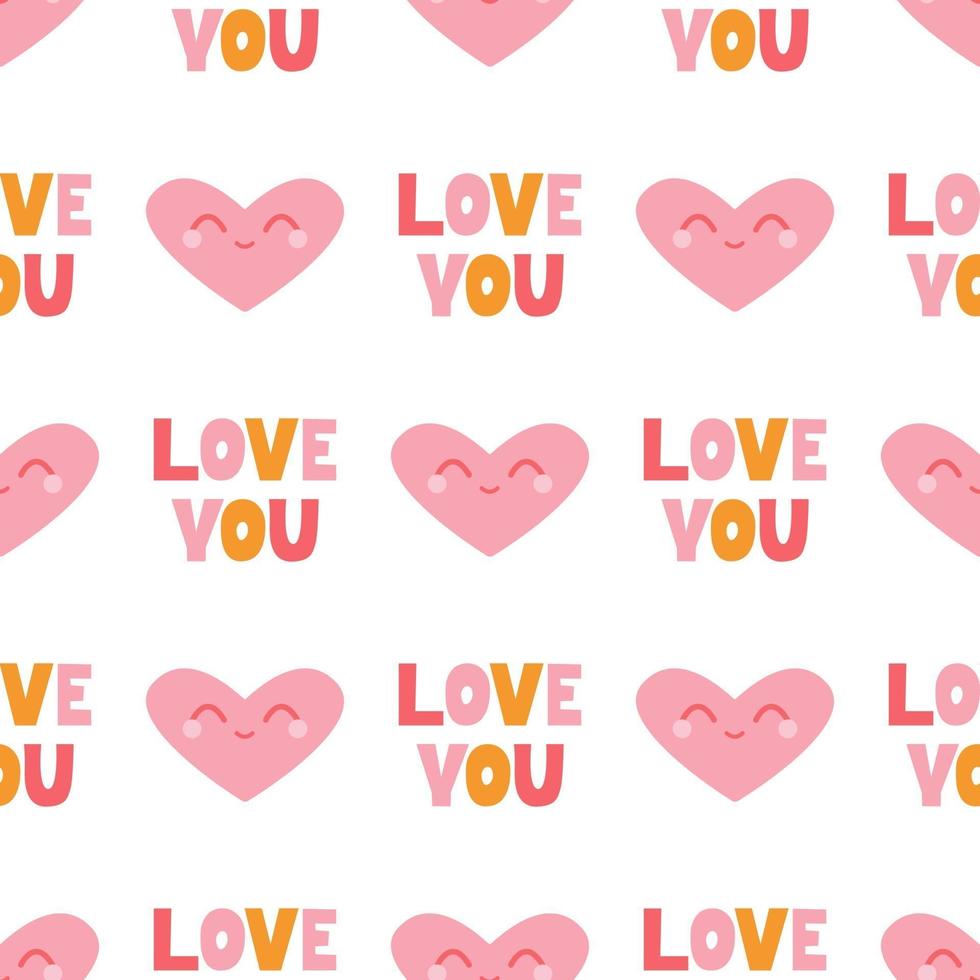 Pink heart with a smile and hand-written I love you on a white background. Vector seamless pattern