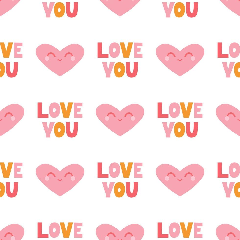 Pink heart with a smile and hand-written I love you on a white background. Vector seamless pattern