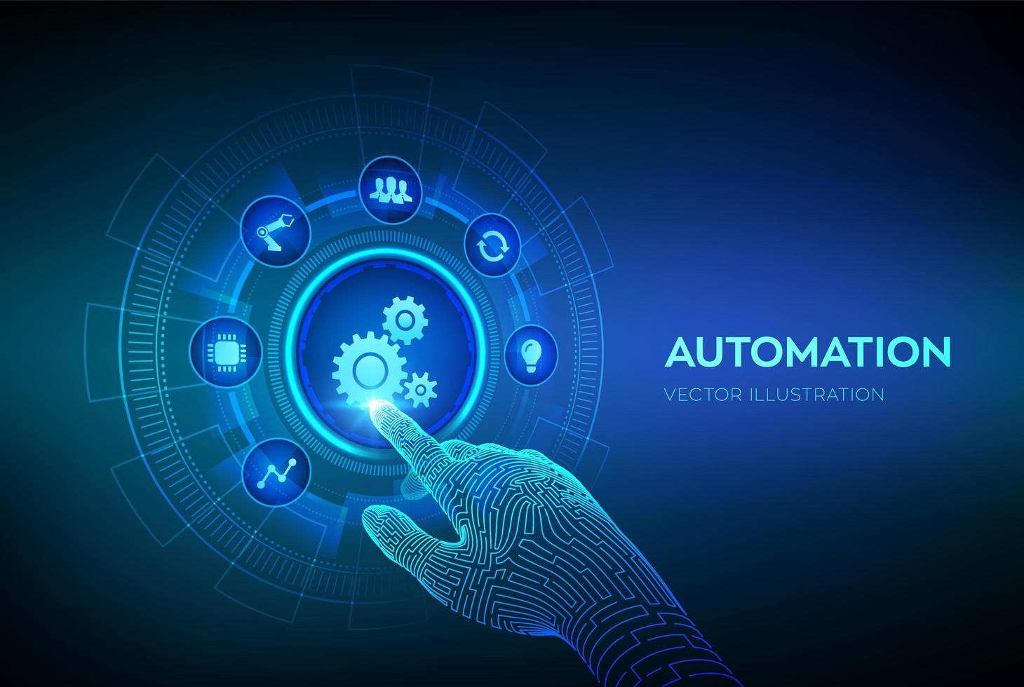 software de automatización. iot y el concepto de automatización como innovación, mejorando la productividad en tecnología y procesos de negocio. mano robótica tocando la interfaz digital. vector