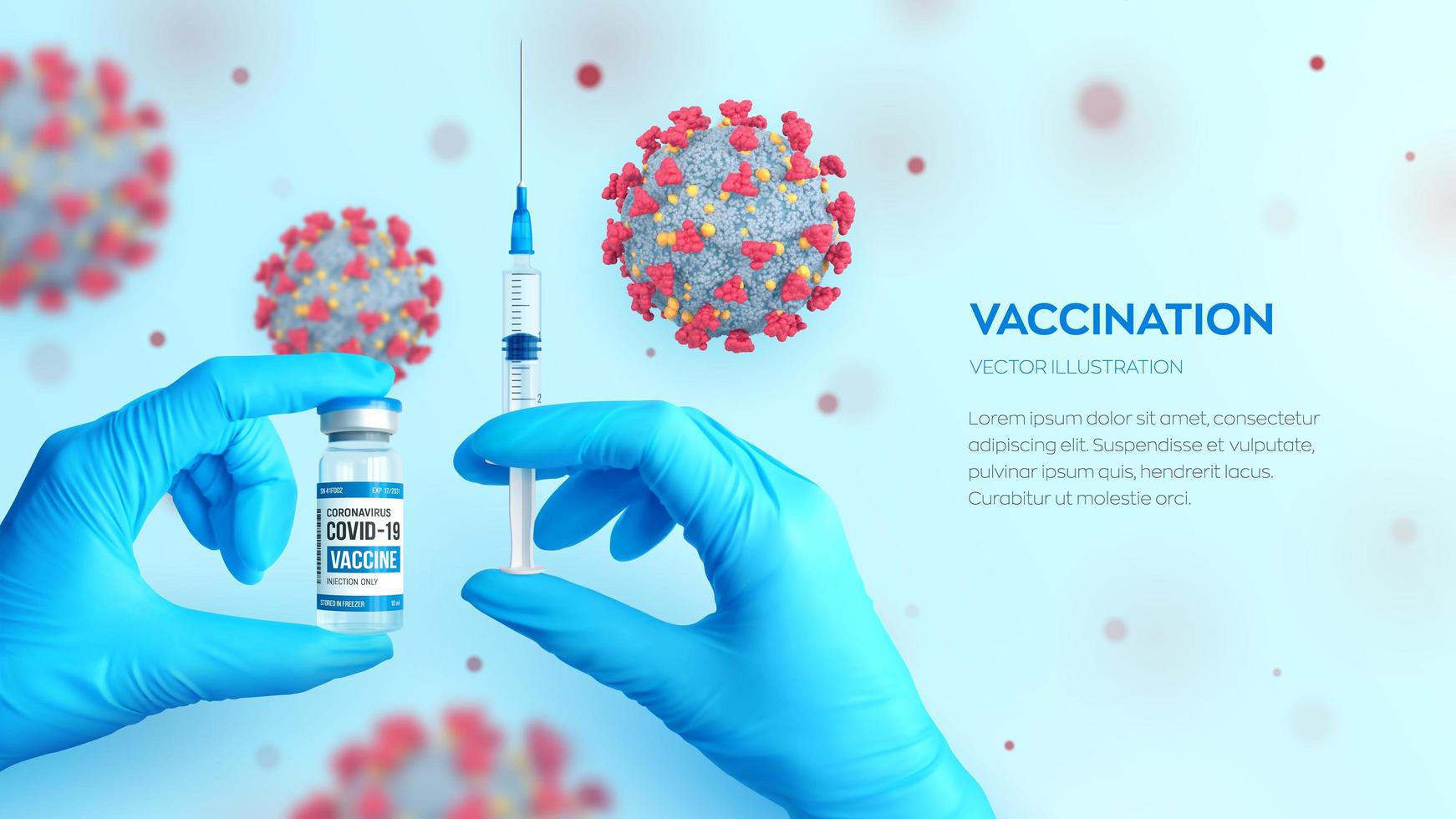Hands in medical blue gloves holding the medical glass vial for injection and syringe with vaccine. Microscopic view of virus cells. Vaccination concept. COVID-19 coronavirus vaccine. vector