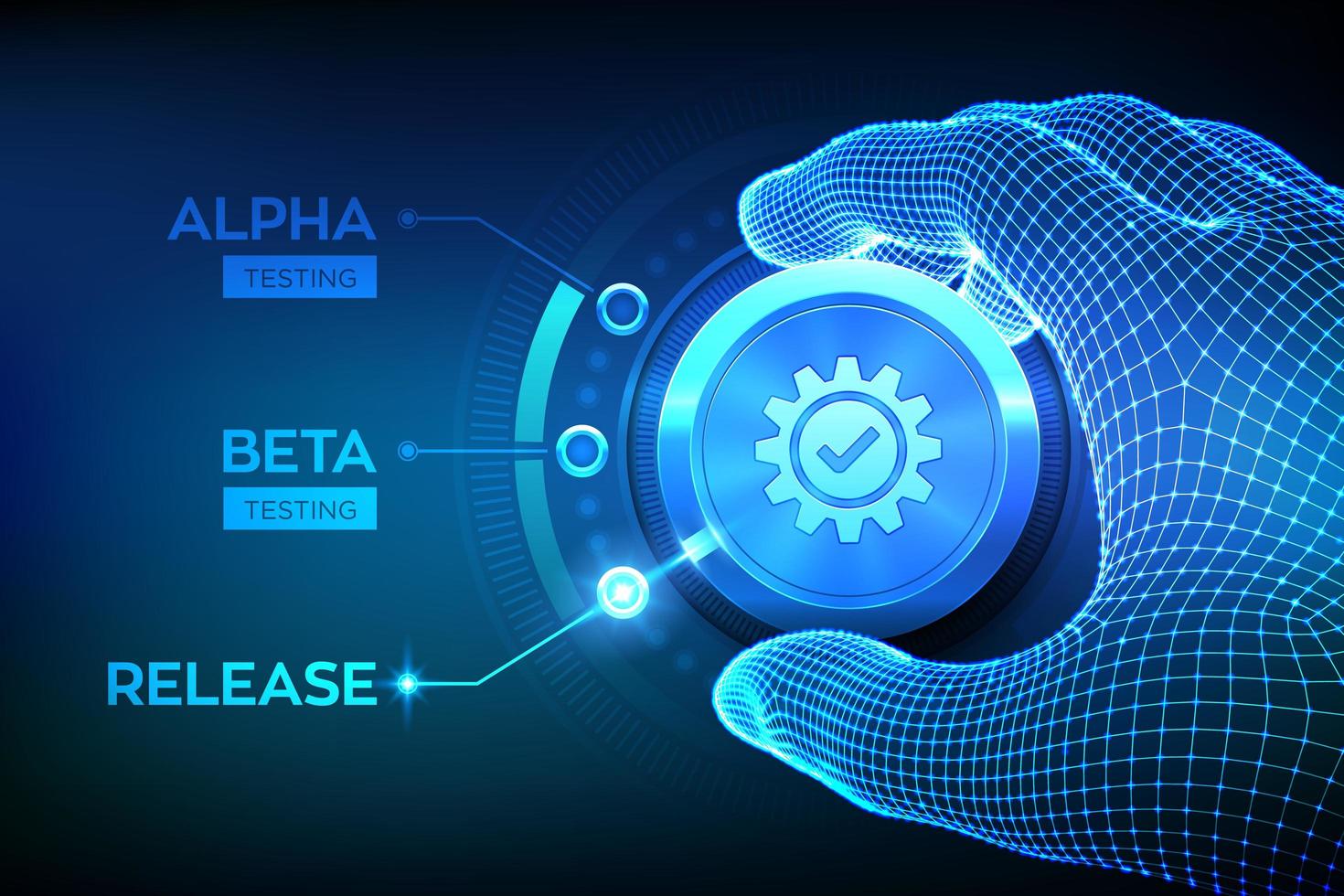 Software testing engineering concept. Alpha Beta Release testing. Wireframe hand turning a test process knob and selecting Release product mode. Software or app development phases. vector