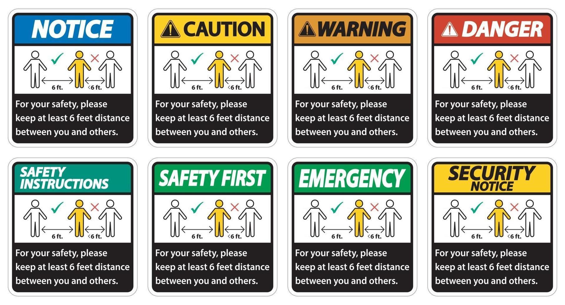 mantenga una distancia de 6 pies, para su seguridad, mantenga una distancia de al menos 6 pies entre usted y los demás. vector