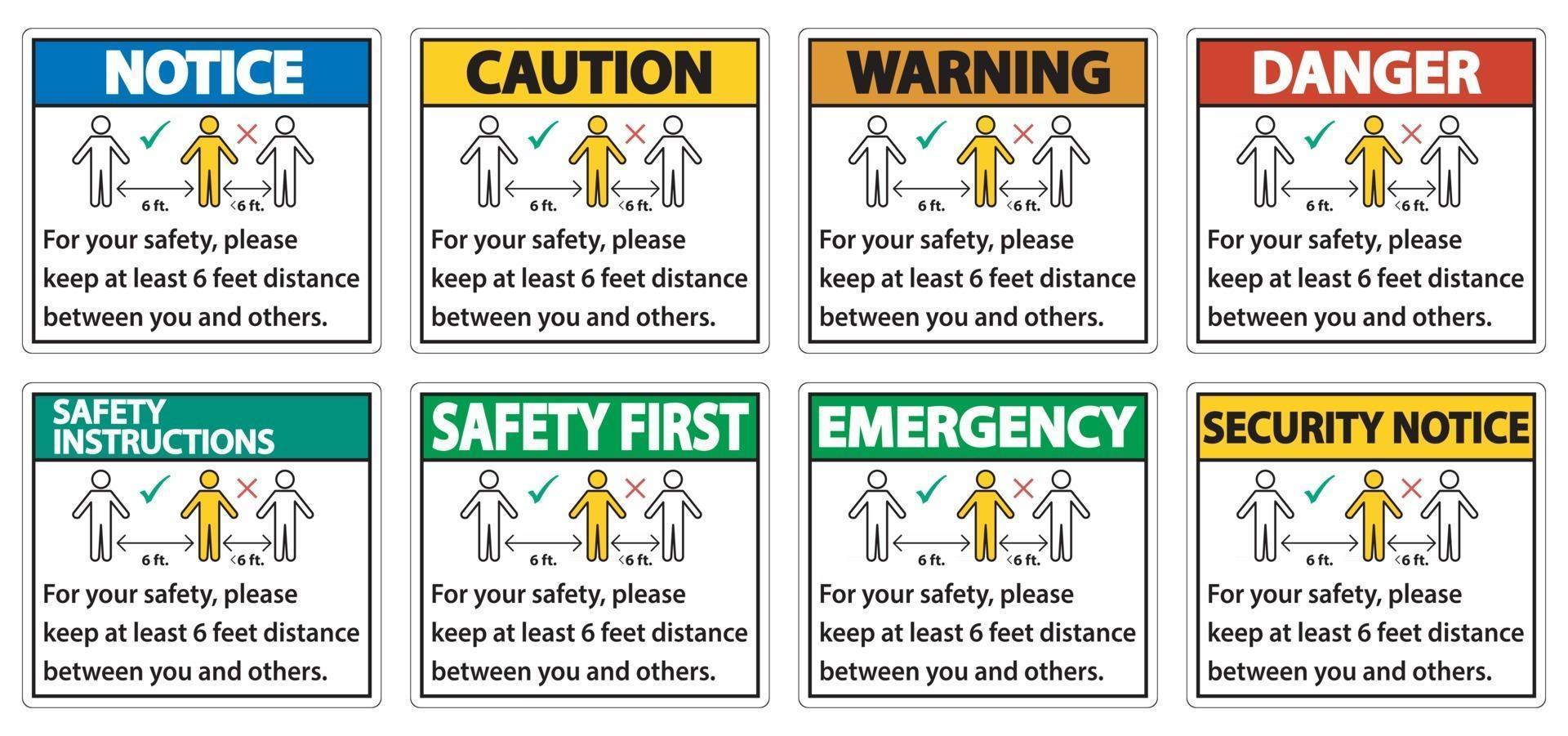 mantenga una distancia de 6 pies, para su seguridad, mantenga una distancia de al menos 6 pies entre usted y los demás. vector