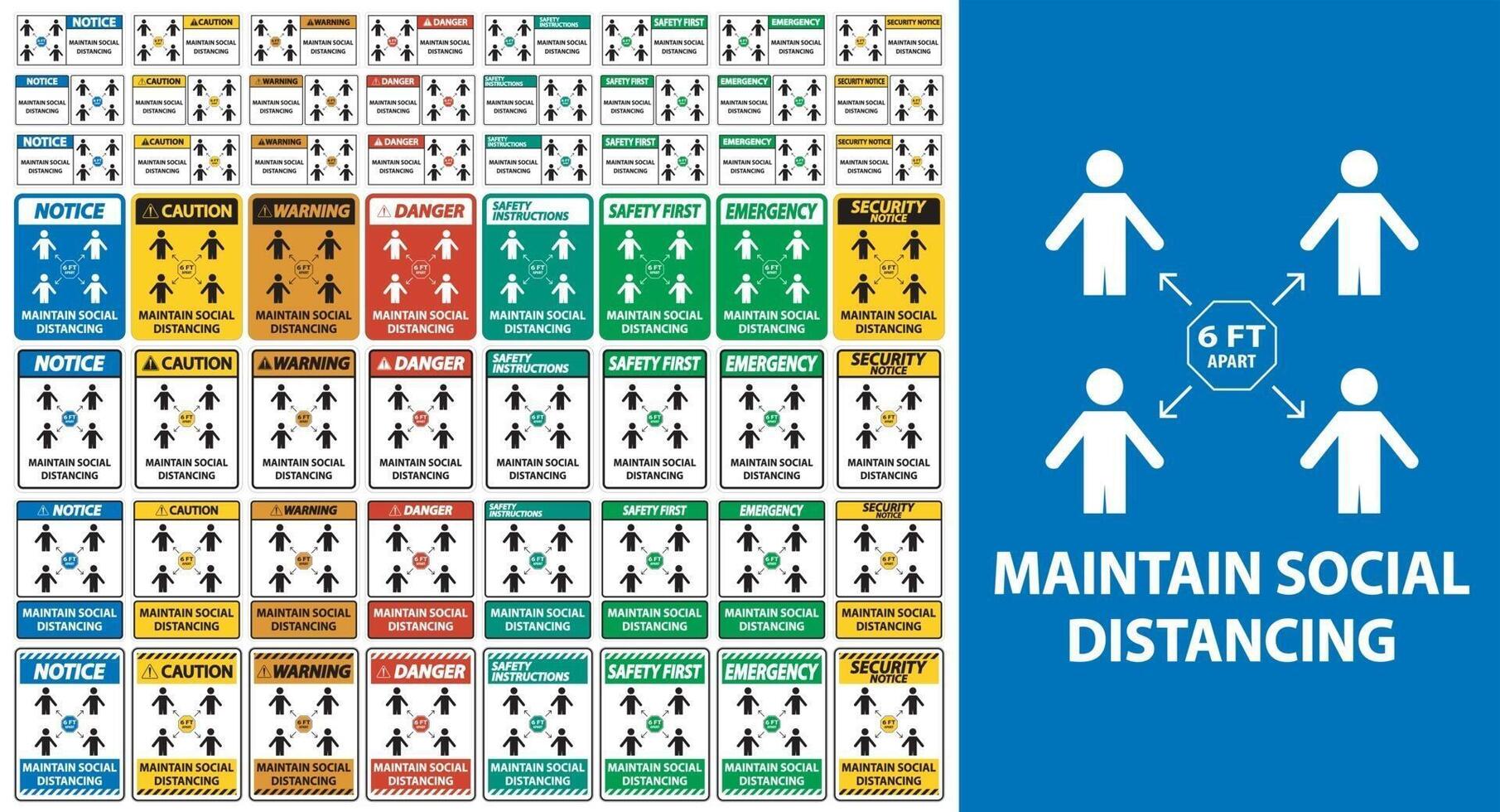 Mantenga el distanciamiento social, manténgase a 6 pies de distancia, signo de coronavirus covid-19 aislado sobre fondo blanco, ilustración vectorial eps.10 vector