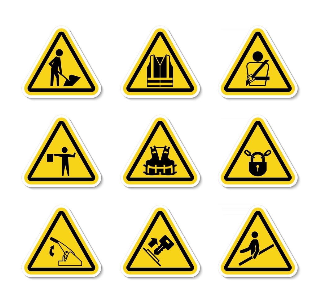 Las etiquetas de símbolos de peligro de advertencia triangular firman aislar sobre fondo blanco, ilustración vectorial vector