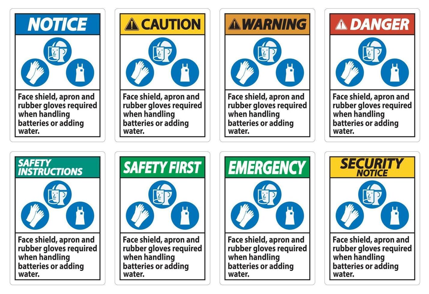 Face Shield, Apron And Rubber Gloves Required When Handling Batteries or Adding Water With PPE Symbols vector