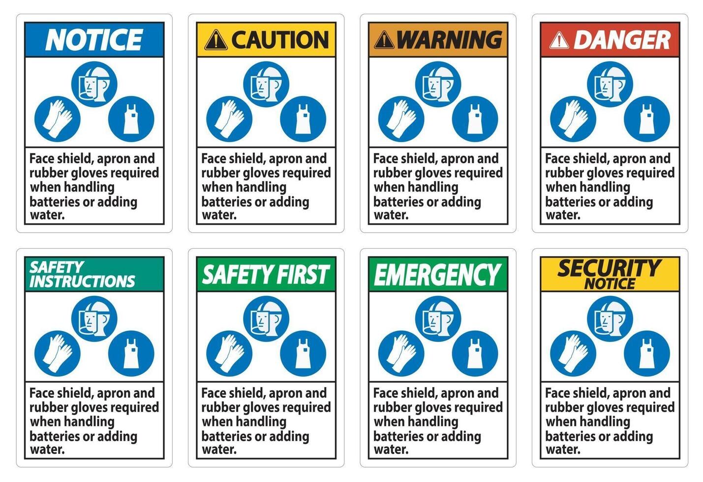 Face Shield, Apron And Rubber Gloves Required When Handling Batteries or Adding Water With PPE Symbols vector