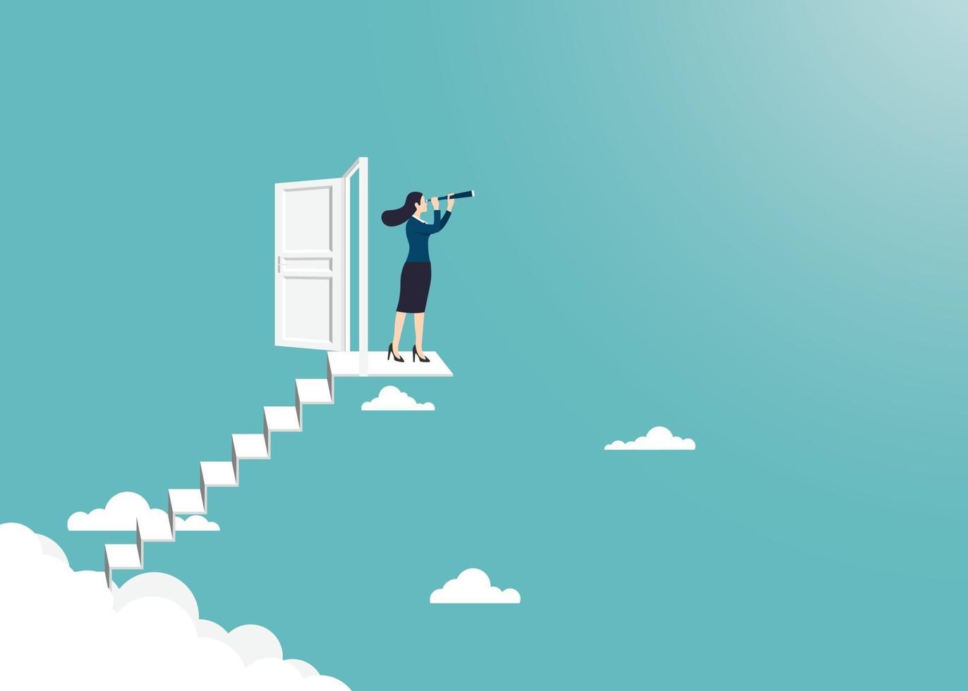 Businesswoman holding telescope standing on to the ladder open the door up go to success in career vector