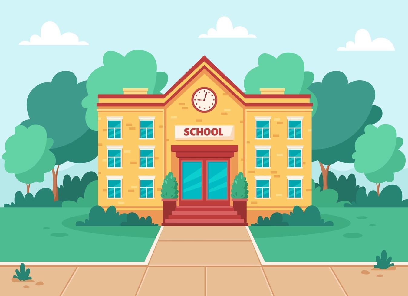 School building, educational institution with front  yard, trees and grass lawn. vector