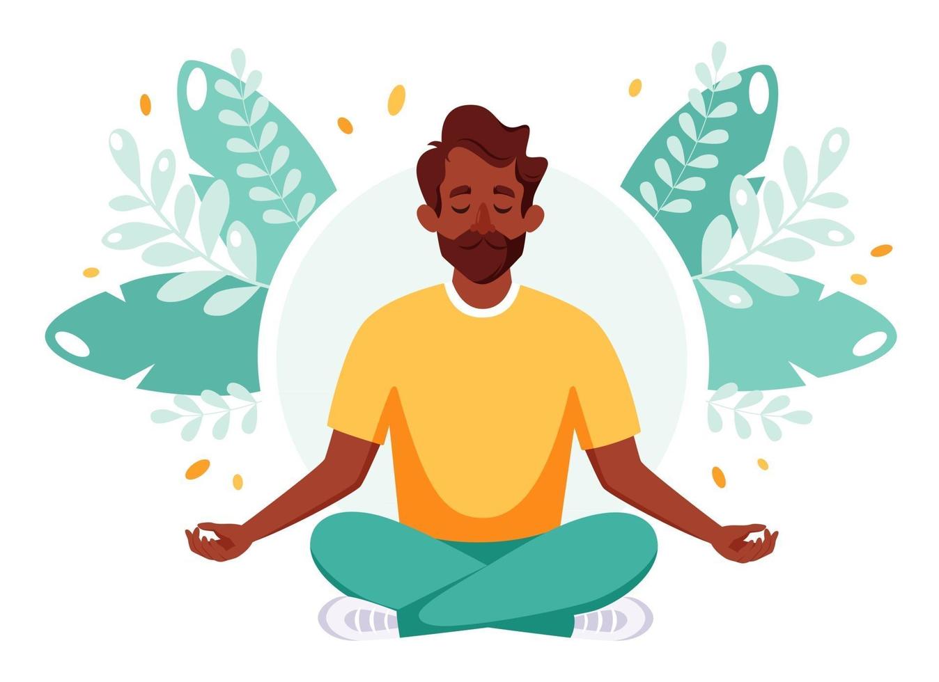 Indian man meditating in lotus pose. Healthy lifestyle, yoga, relax, recreation vector