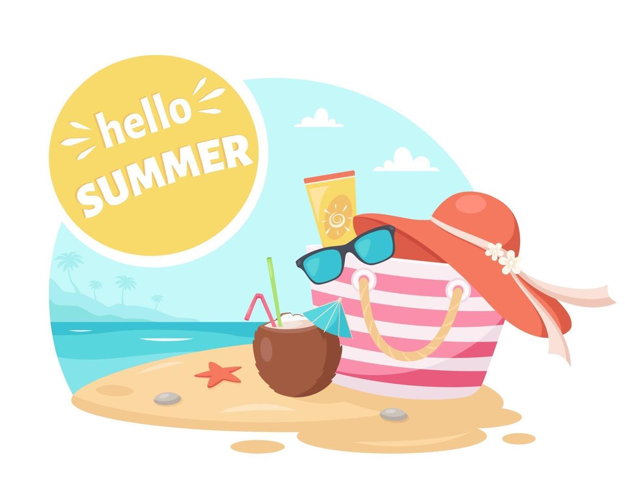 Hello summer greeting card. Beach hat, pina colada, sunglasses, sunscreen and beach bag. Summer elements. vector
