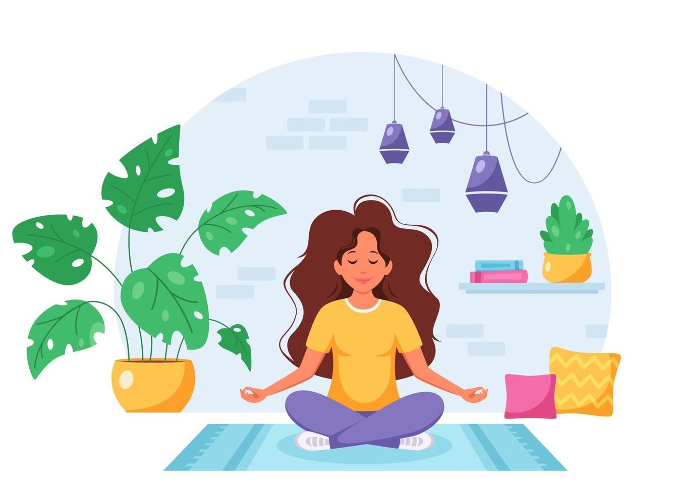 mujer meditando en posición de loto en un acogedor interior moderno. vector