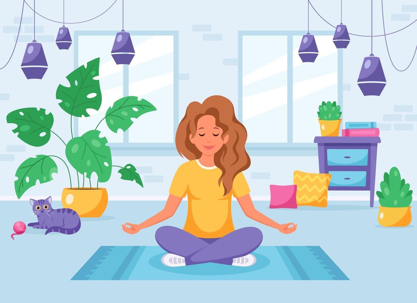 BasiWoman meditating in lotus pose in cozy modern interior. Home activity. vector