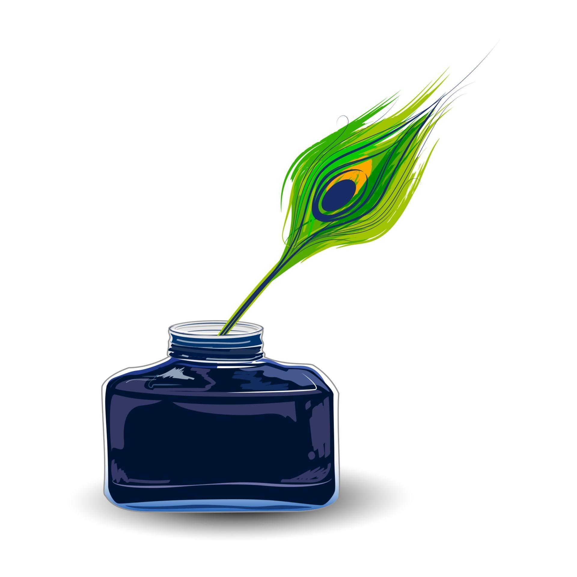 illustration of ancient Ink Pot with peacock feather used for writting