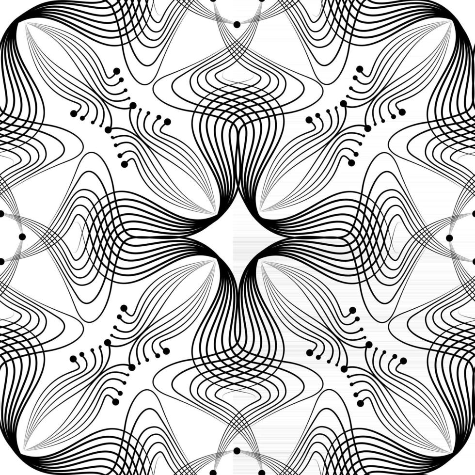 Abstract floral seamless pattern with black line oriental ornament Swirl geometric doodle asian fabric texture. Ornamental wave optical effect muslim retro background. vector