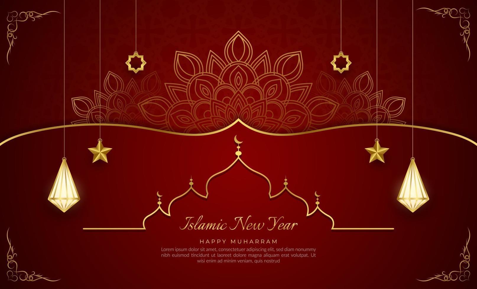 Islamic new year elegant red and golden luxury ornamental background, happy Muharram, realistic lantern, vector illustration.