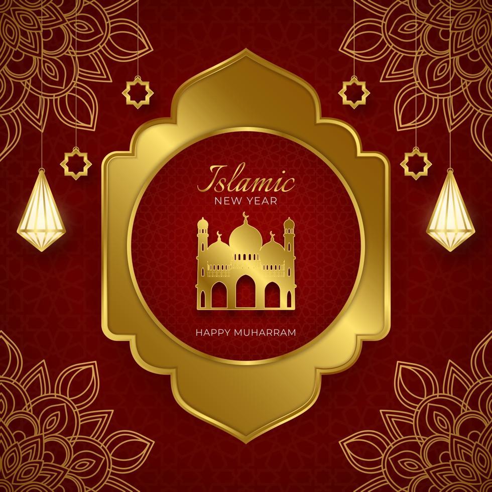 Islamic new year elegant red and gold luxury ornamental background, happy Muharram, realistic lantern, vector illustration.