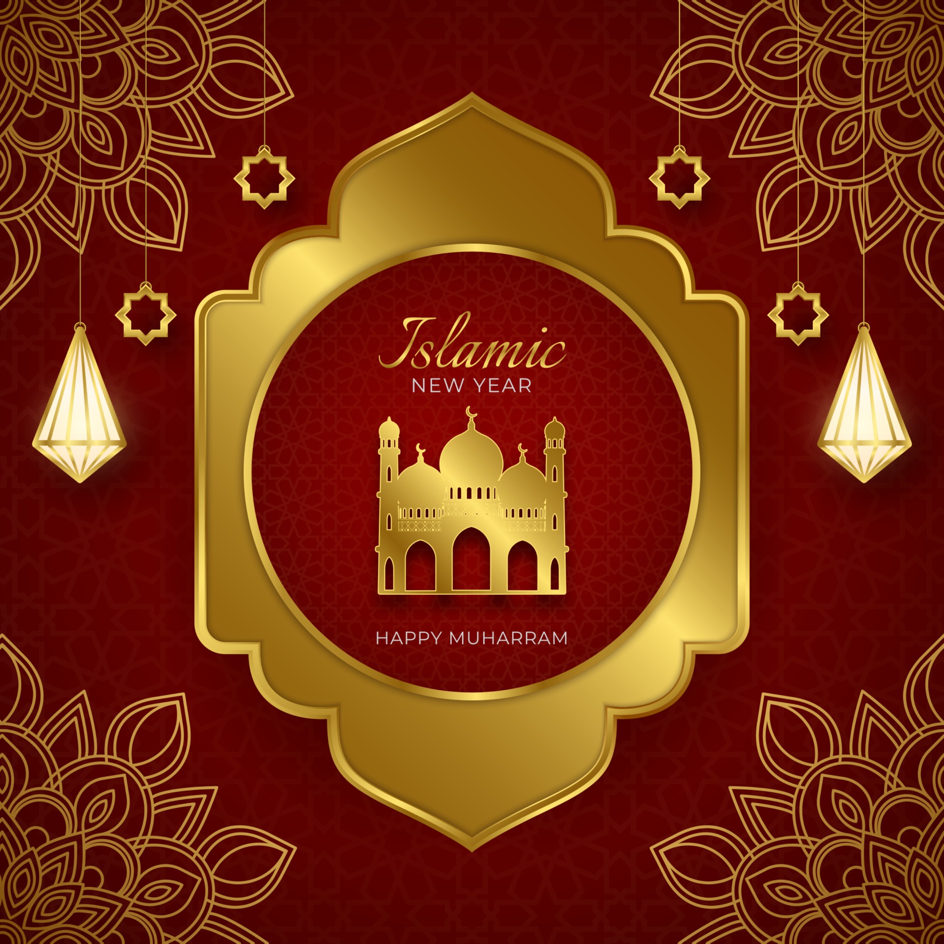 Islamic new year elegant red and gold luxury ornamental background, happy  Muharram, realistic lantern, vector illustration. 2803215 Vector Art at  Vecteezy