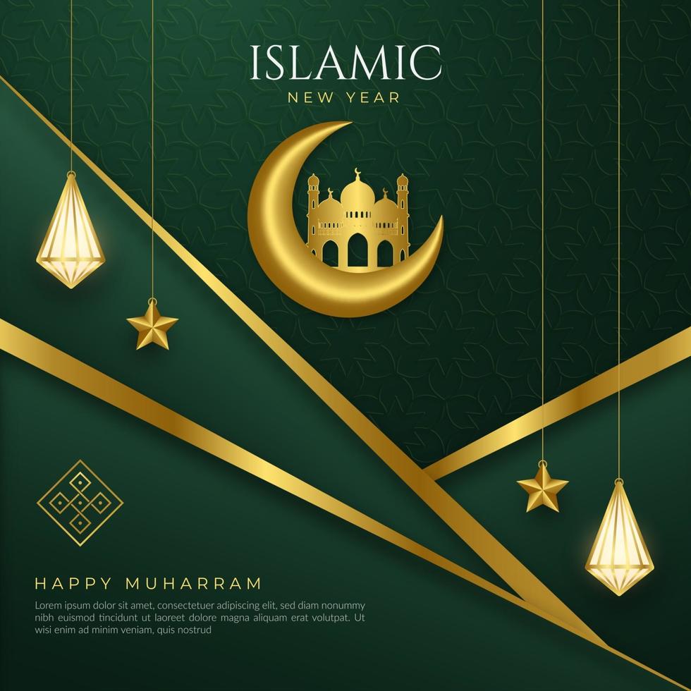 Green and gold Islamic new year greeting card template, happy Muharram, realistic lantern, vector illustration.