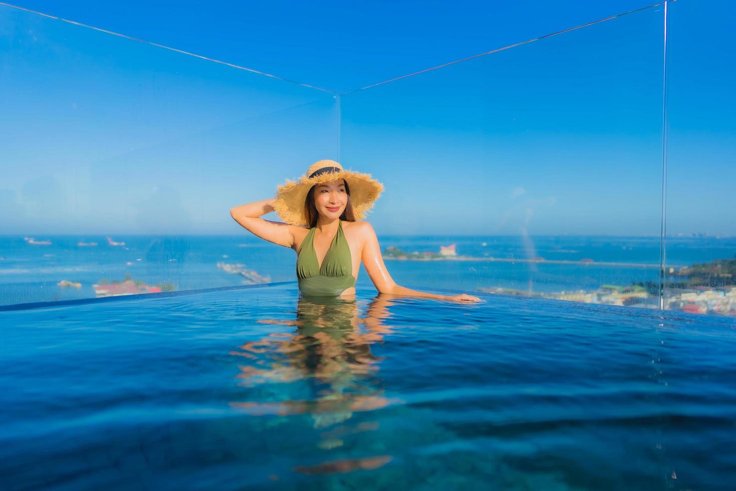 Hermosas mujeres asiáticas jóvenes sonrisa feliz relajarse alrededor de la piscina al aire libre en el hotel resort para viajar en vacaciones foto