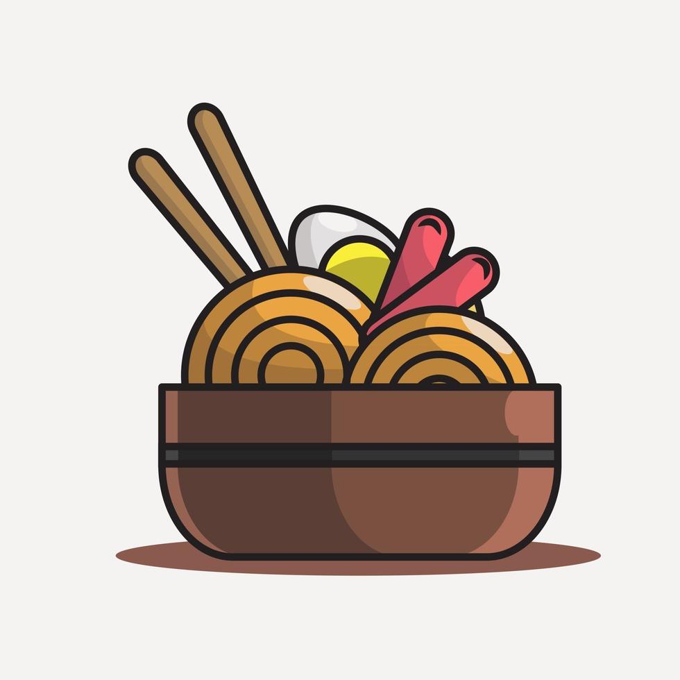 a bowl of ramen noodles with egg and sausage illustration vector