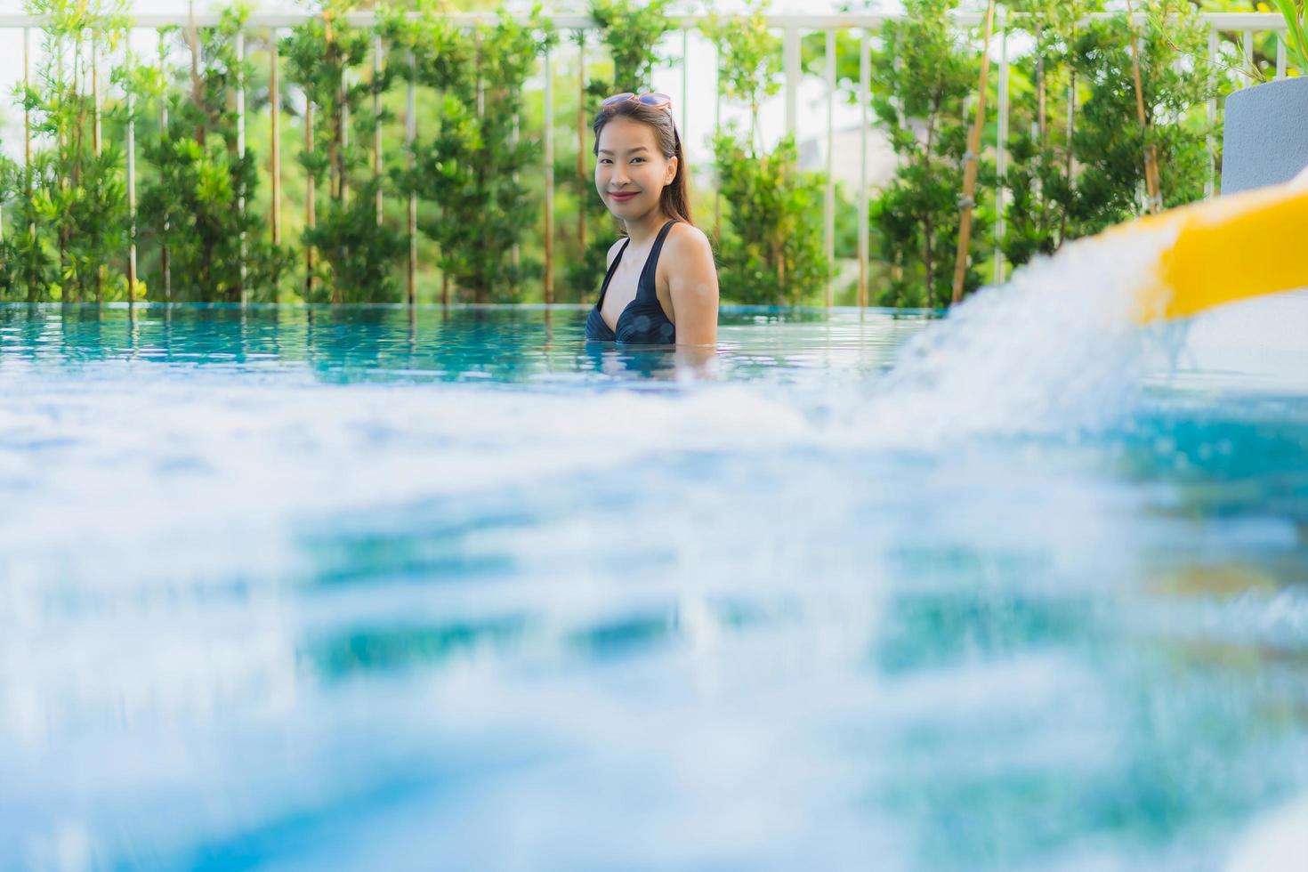 Portrait beautiful young asian women happy smile relax outdoor swimming pool in resort photo