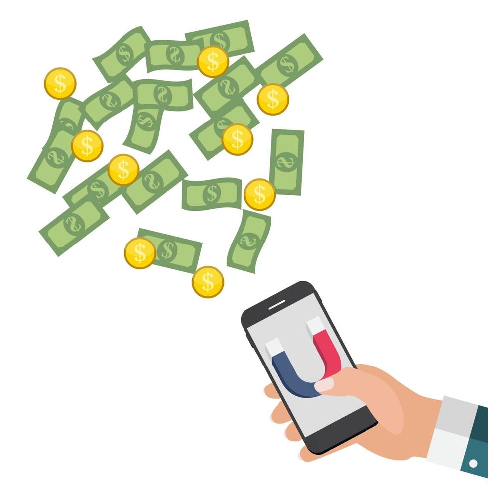 Business concept of hand hold magnet attract money. Vector Illustration