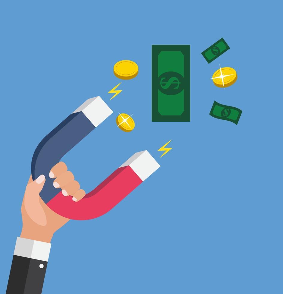 Business concept of hand hold magnet attract money. Vector Illustration