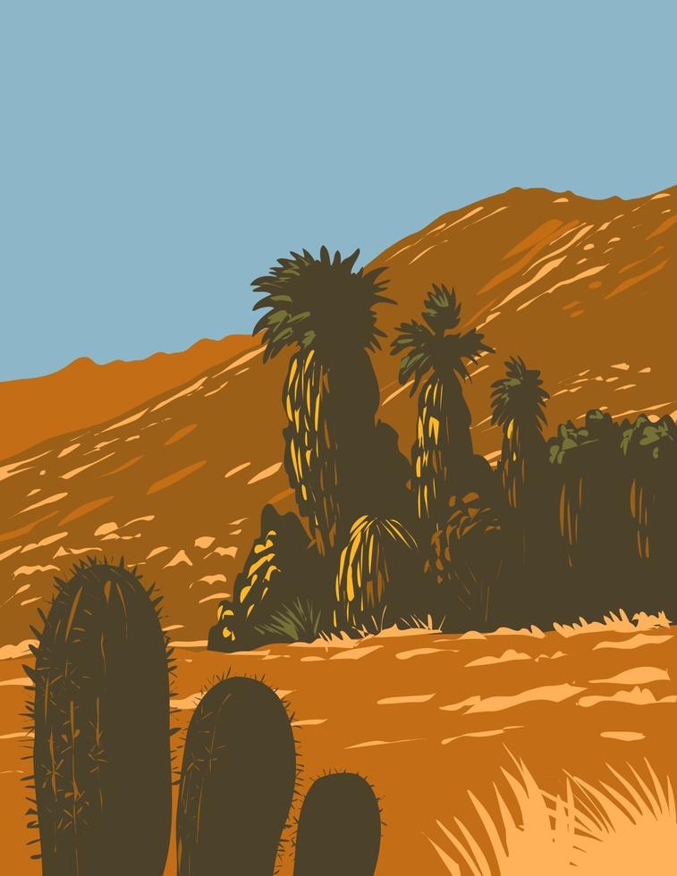 Cactus and Desert Fan Palm Growing in Santa Rosa and San Jacinto Mountains National Monument in Palm Desert California  United States WPA Poster Art vector