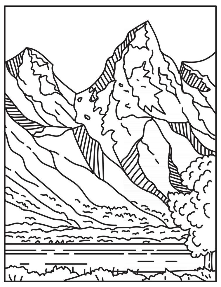 Jackson Hole or Jackson's Hole with the Teton Range in the Background Located in Wyoming United States Mono Line or Monoline Black and White Line Art vector