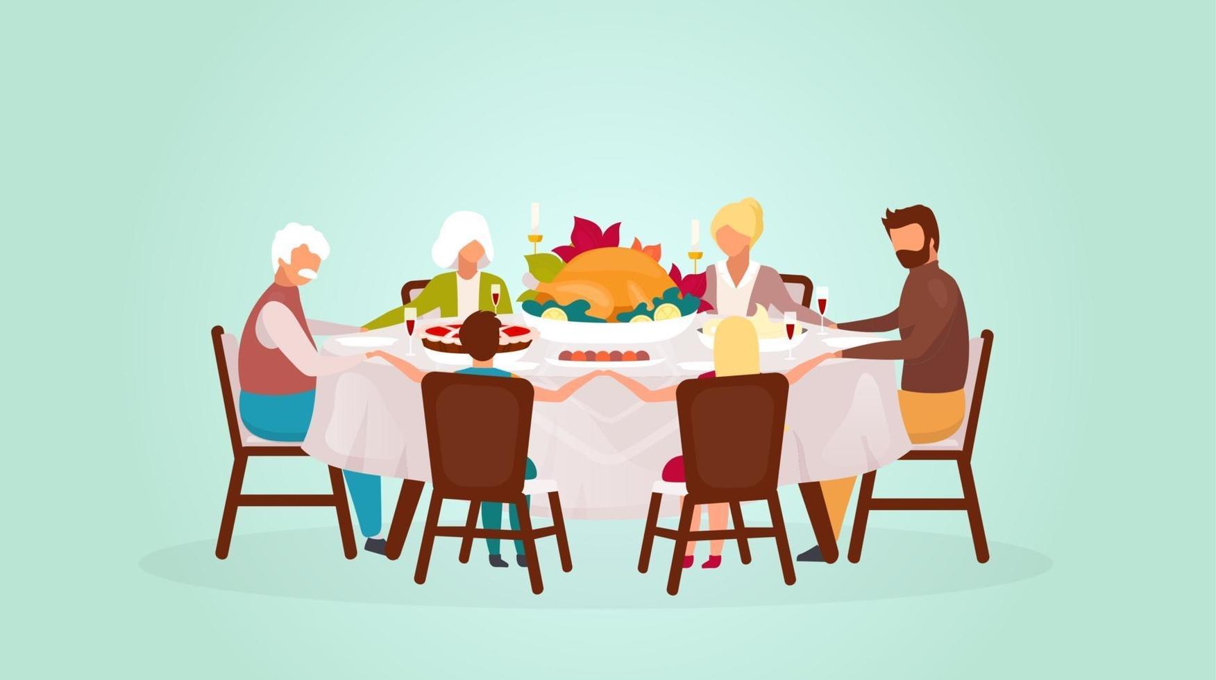 Thanksgiving day flat vector illustration. Fall holiday celebration. Eating festive meal together. Celebrating harvest with grandparents. Happy family dinner with turkey cartoon characters