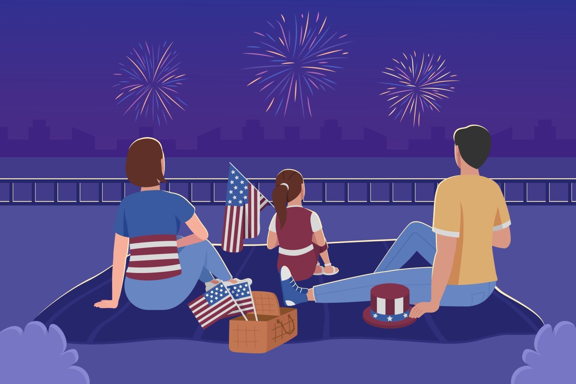 Family watching fireworks for 4th of july flat color vector