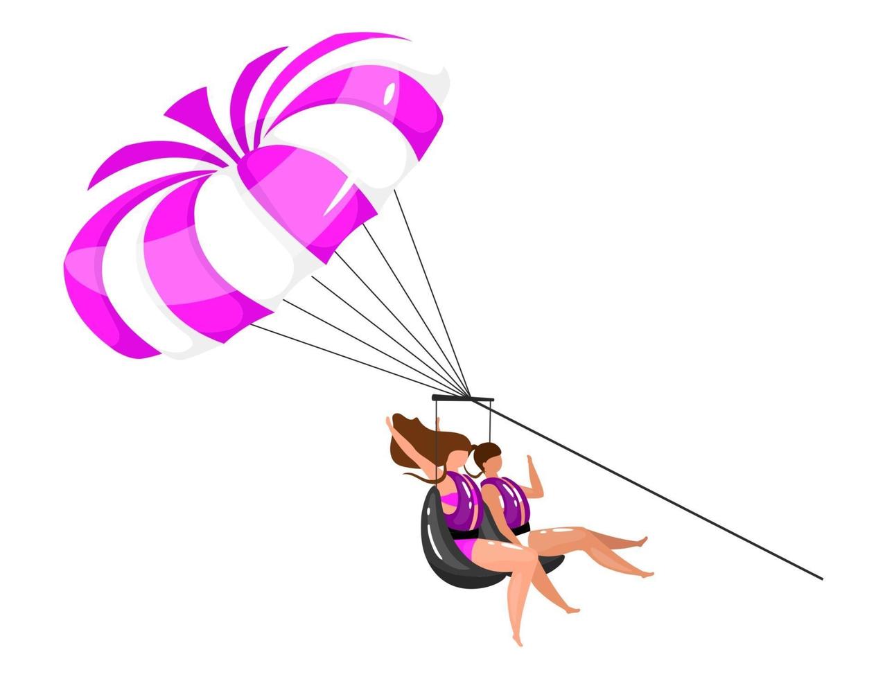 Ilustración de vector plano de parasailing. experiencia en deportes extremos. Estilo de vida activo. actividades divertidas de vacaciones de verano para pareja. Personas en paracaídas personaje de dibujos animados aislado sobre fondo blanco.