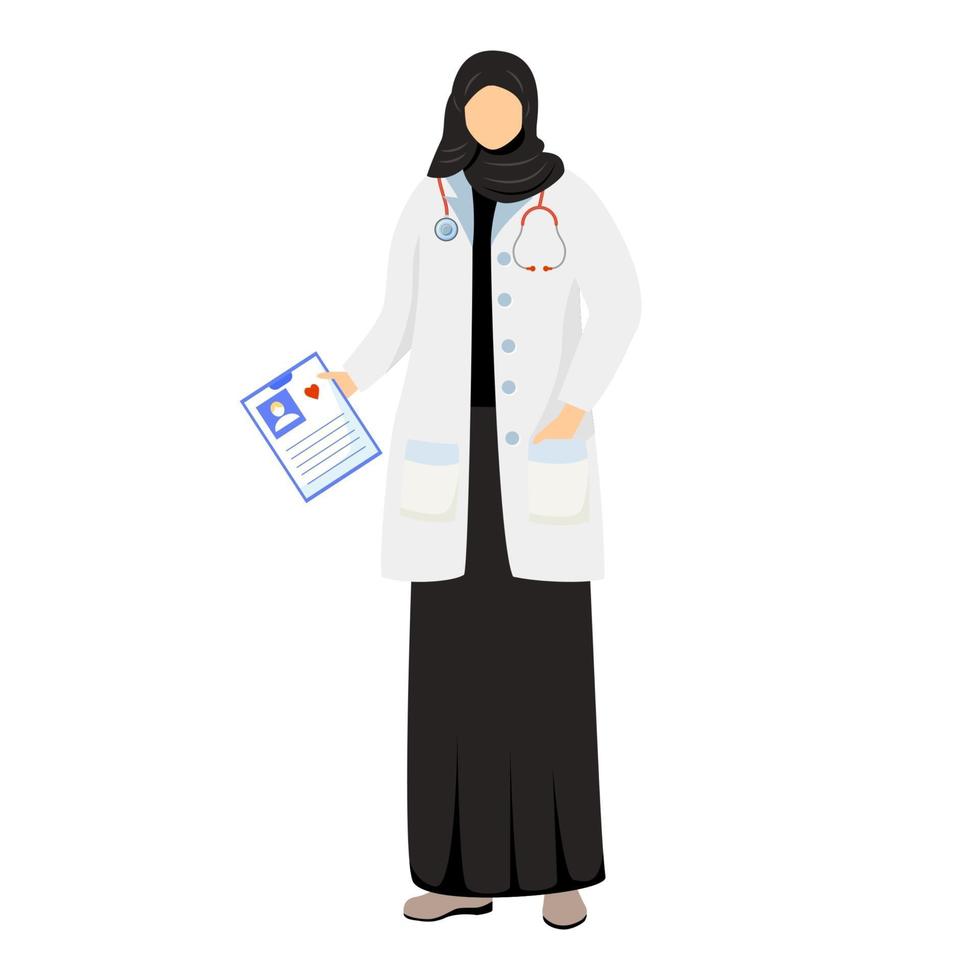 Arab female doctor flat vector illustration. Saudi woman in medical white coat and hijab. Muslim physician, general practitioner. Arabic medic, therapist cartoon character isolated on white
