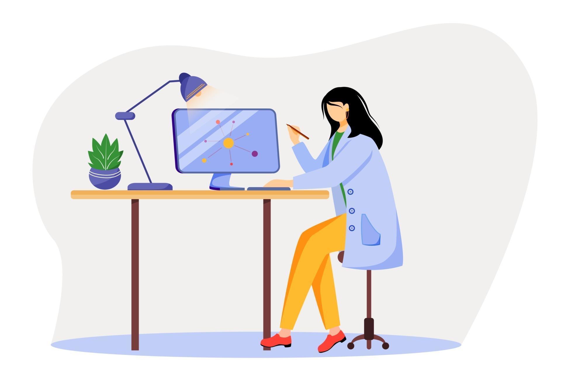 Scientist at working place flat vector illustration. Woman in blue lab