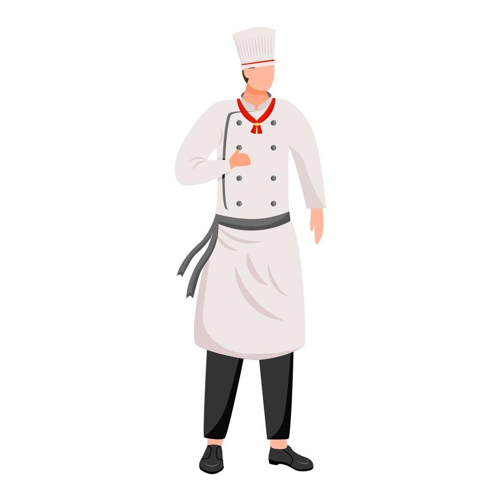 Ship chef flat vector illustration. Cruise service. Cooking. Shipboard staff in chef's tunic and cap isolated cartoon character on white background