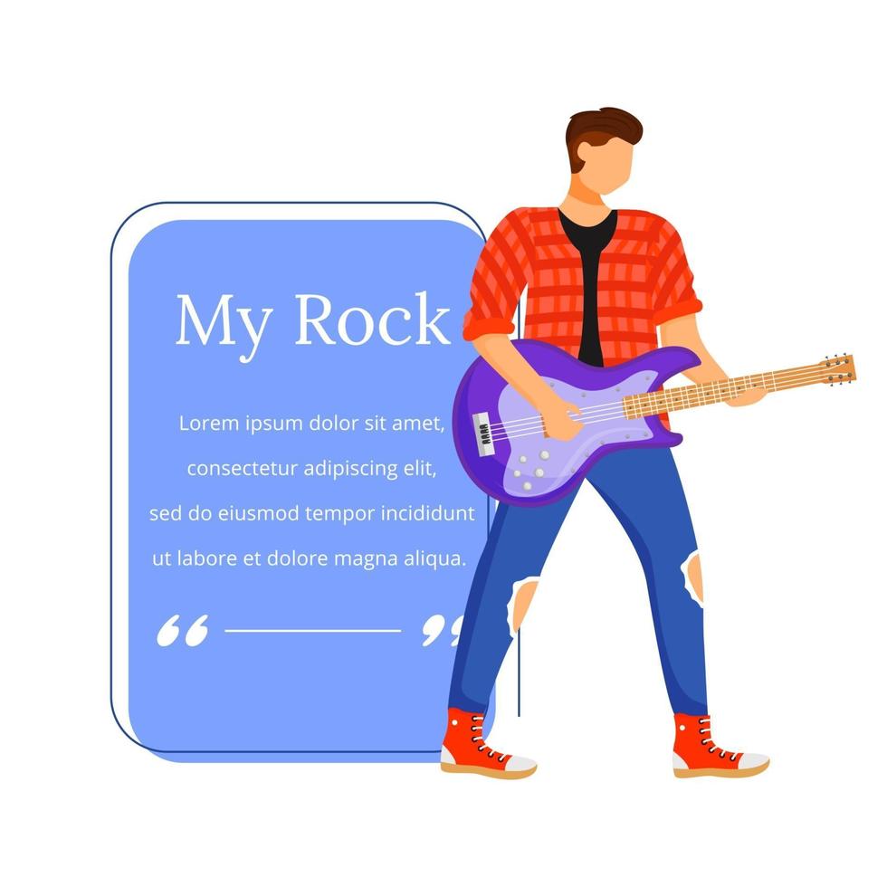 Guitarist flat color vector illustration. Guitar player. Rock musician. Isolated cartoon character. Quote blank frame template. Rectangular blue speech bubble. Quotation, citation text box design.