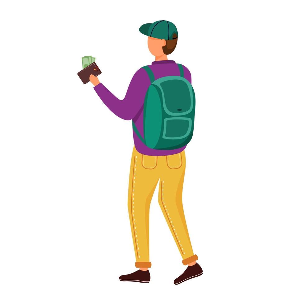 estudiante con dinero en la ilustración de vector plano de billetera. el joven gana su propio salario. hombre con dinero en efectivo para gastar en viajar. Opciones de empleo para jóvenes personaje de dibujos animados aislado sobre fondo blanco.