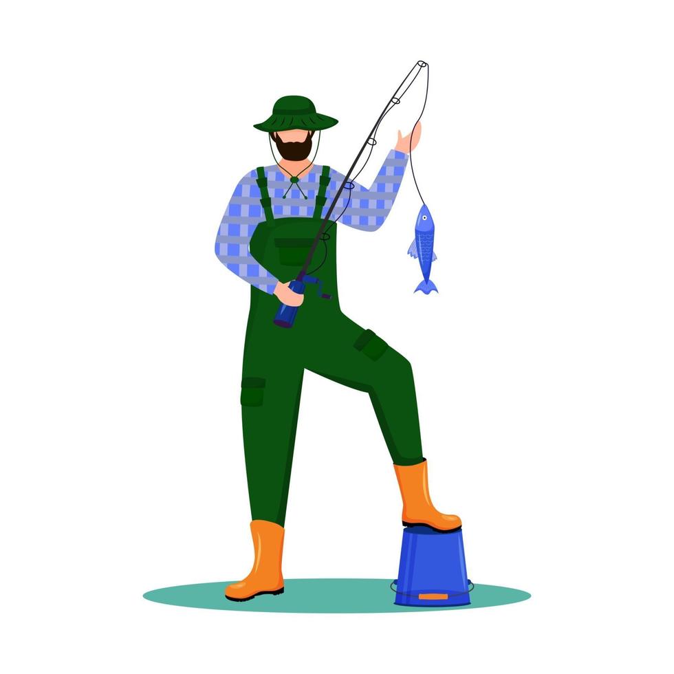 Fisherman flat vector illustration. Sport, active leisure. Maritime occupation. Fisher with fishing rod isolated cartoon character on white background