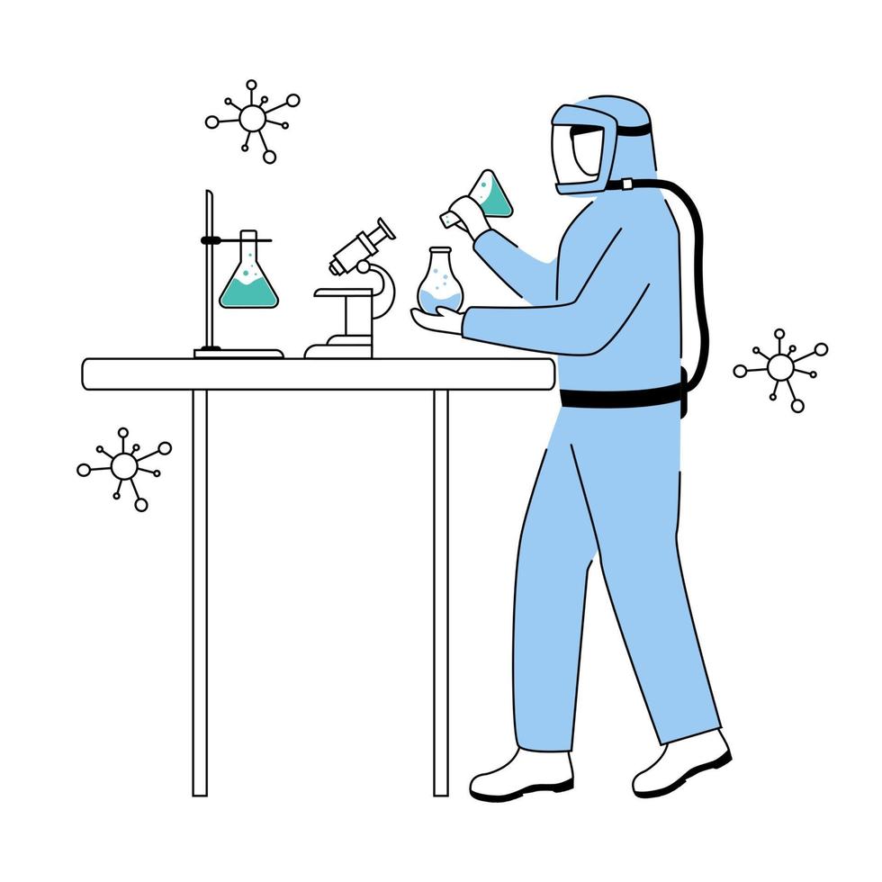 Scientist in protective suit flat contour vector illustration. Conducting dangerous experiment simple drawing. Man works with chemicals isolated cartoon outline character on white background