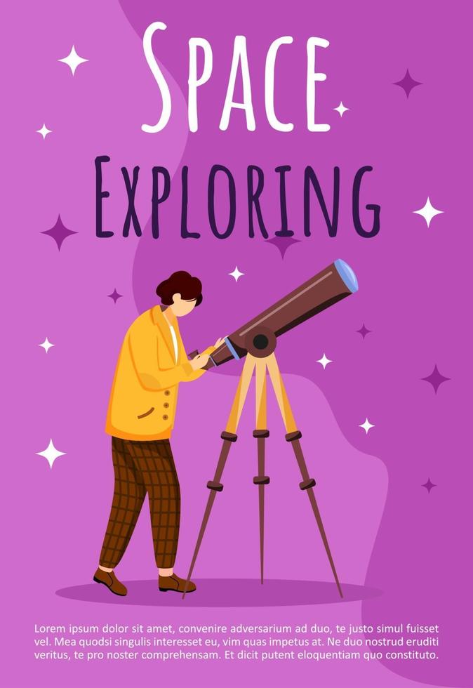 Space exploring poster vector template. Boy with telescope. Astronomy practice. Brochure, cover, booklet page concept design with flat illustrations. Advertising flyer, leaflet, banner layout idea