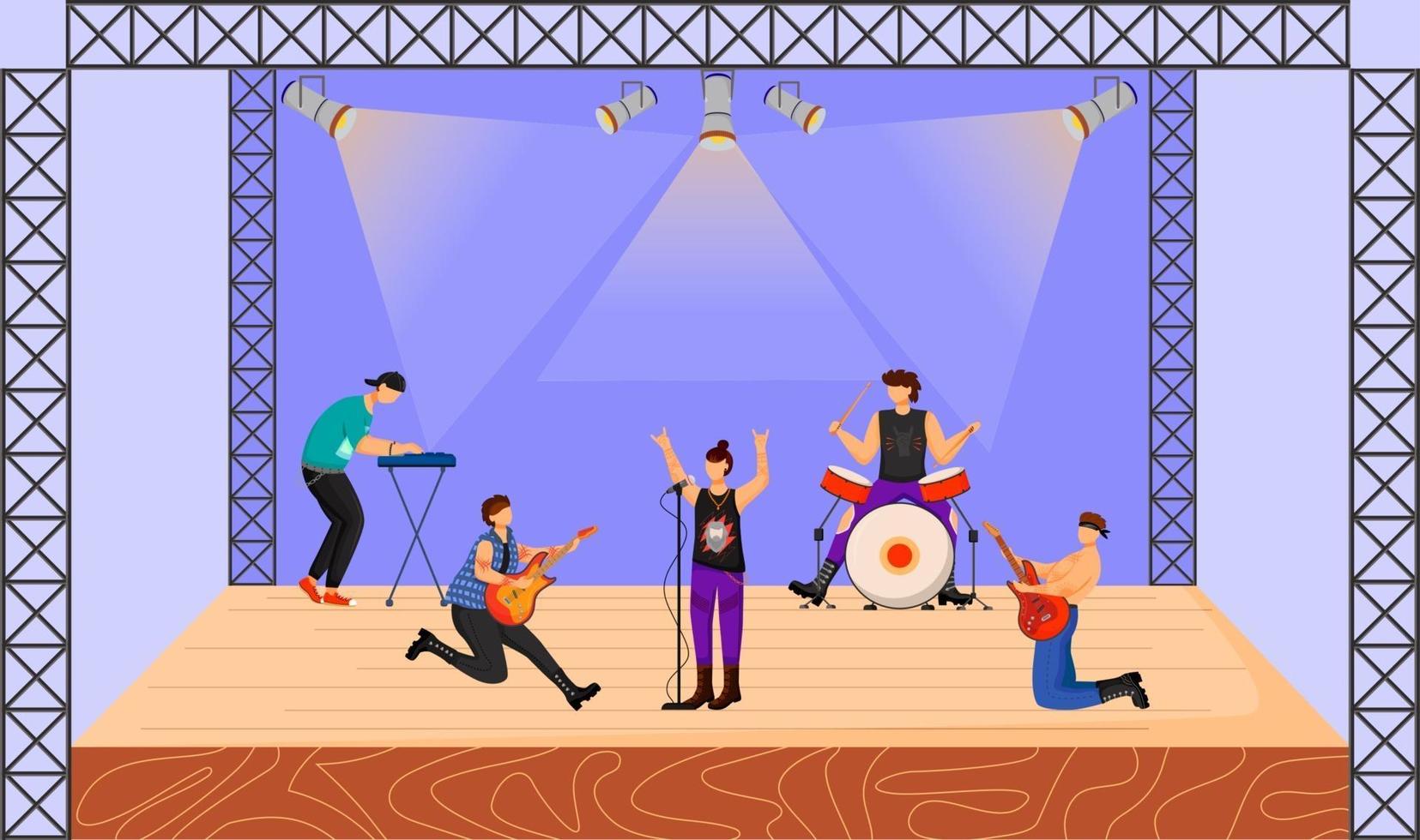 Heavy metal band flat vector illustration. Music group performing at concert. Musicians playing together on stage. Live musical performance. Festival, event. Cartoon characters