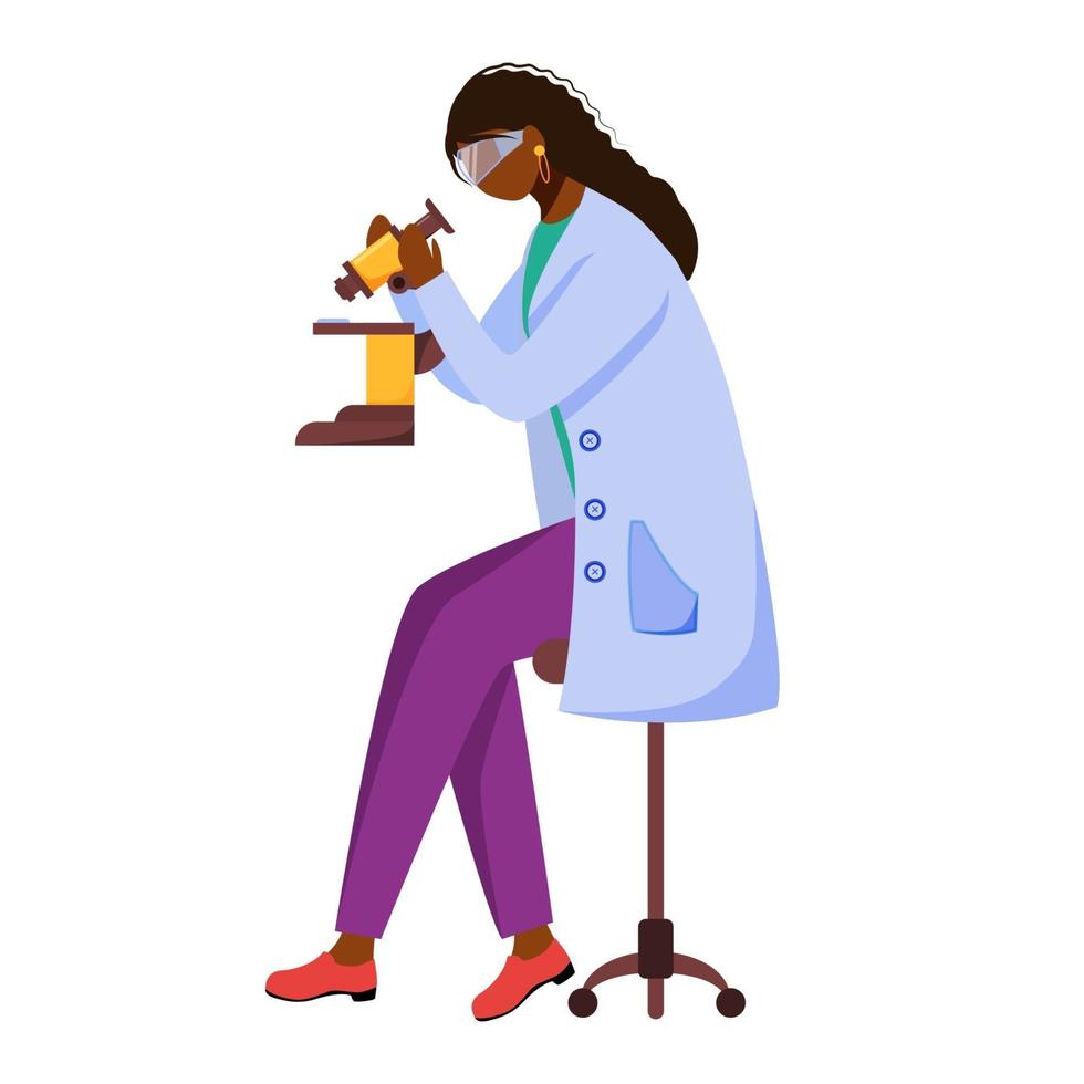 Scientist in lab coat with protection glasses flat vector illustration. Studying medicine, chemistry. Conducting experiment. Woman with microscope isolated cartoon character on white background