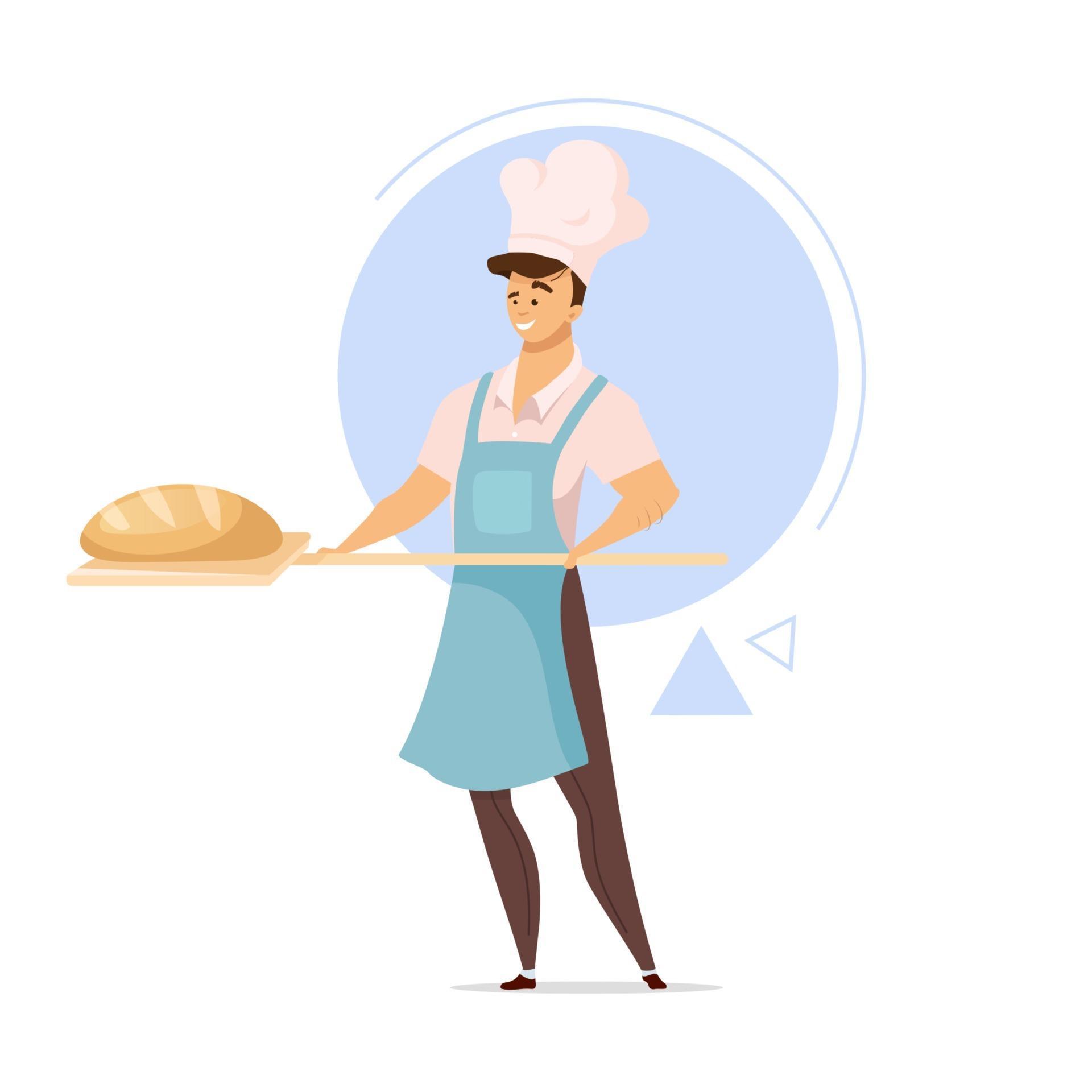 Male baker with bread flat color vector illustration. Baked products