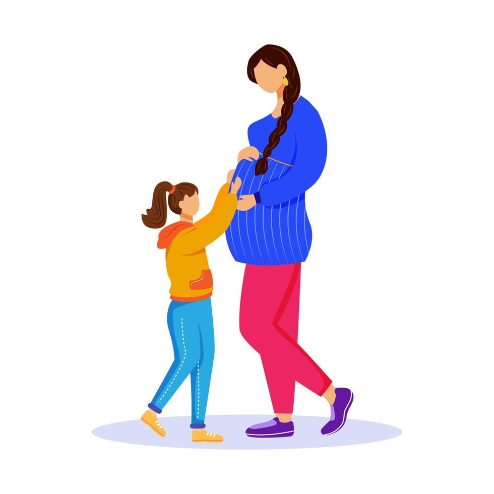 Pregnant woman and little girl flat vector illustration. Maternity preparation. Happy family waiting for baby. Lady shows tummy to daughter isolated cartoon characters on white background