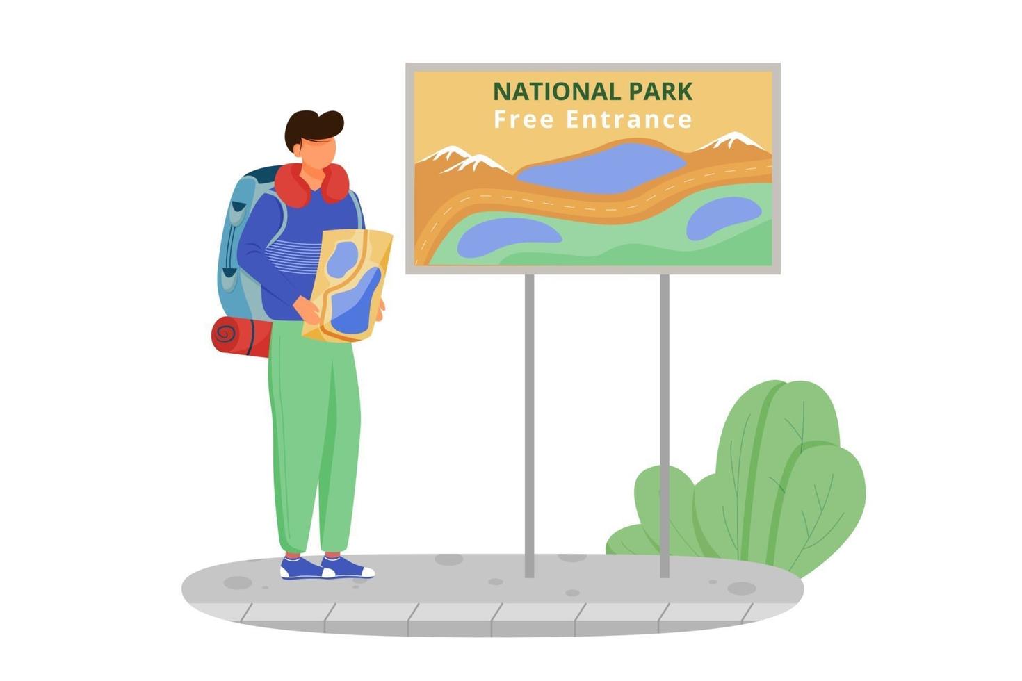 entrada gratuita al parque nacional ilustración vectorial plana. actividad de senderismo, recorrido a pie. elección de viaje barata. turista con mapa. Presupuesto turismo personaje de dibujos animados aislado sobre fondo blanco. vector