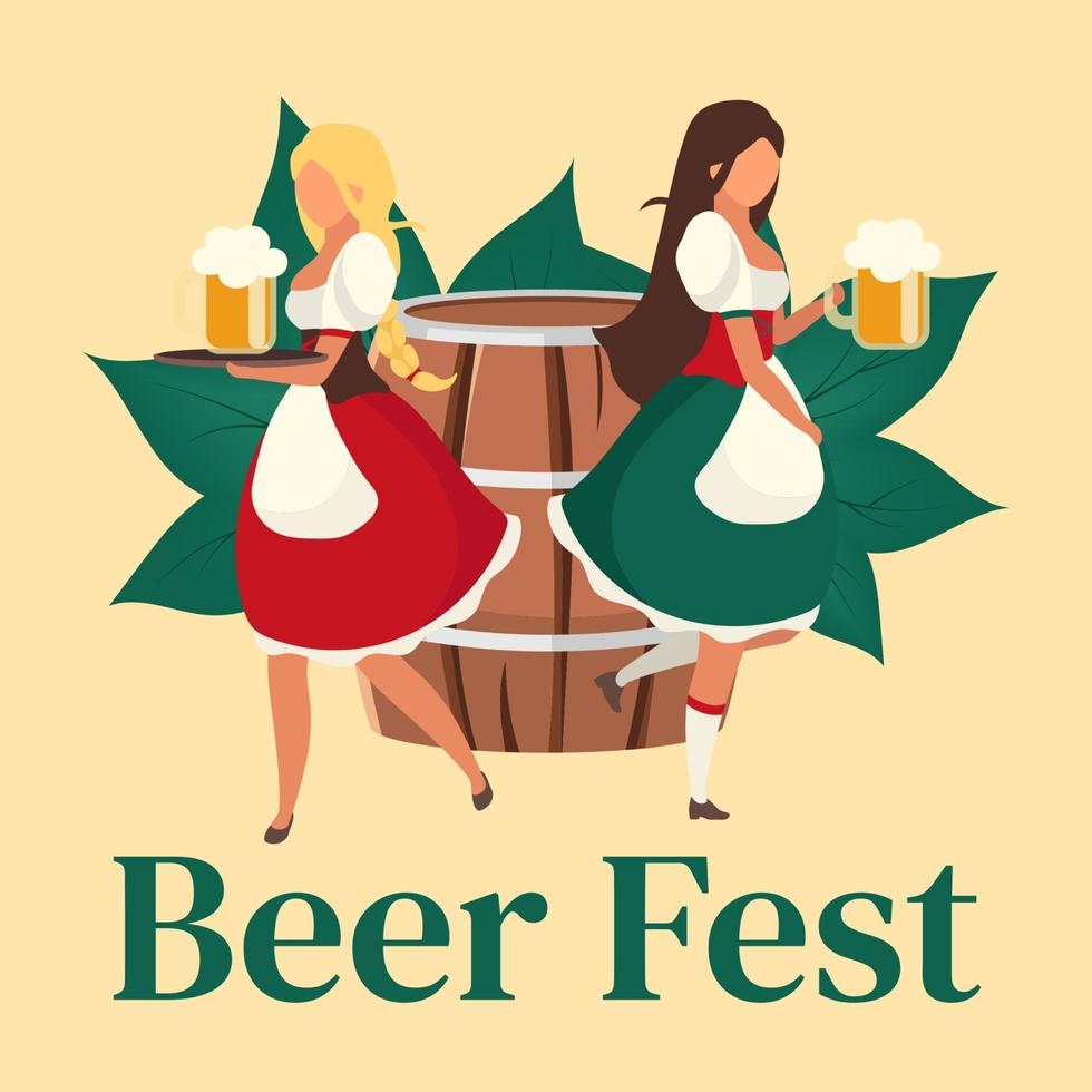 maqueta de publicación de redes sociales de Beer Fest. camareros sirviendo bebidas. oktoberfest. plantilla de banner web publicitario. refuerzo de redes sociales, diseño de contenido. cartel de promoción, anuncios impresos con ilustraciones planas. vector